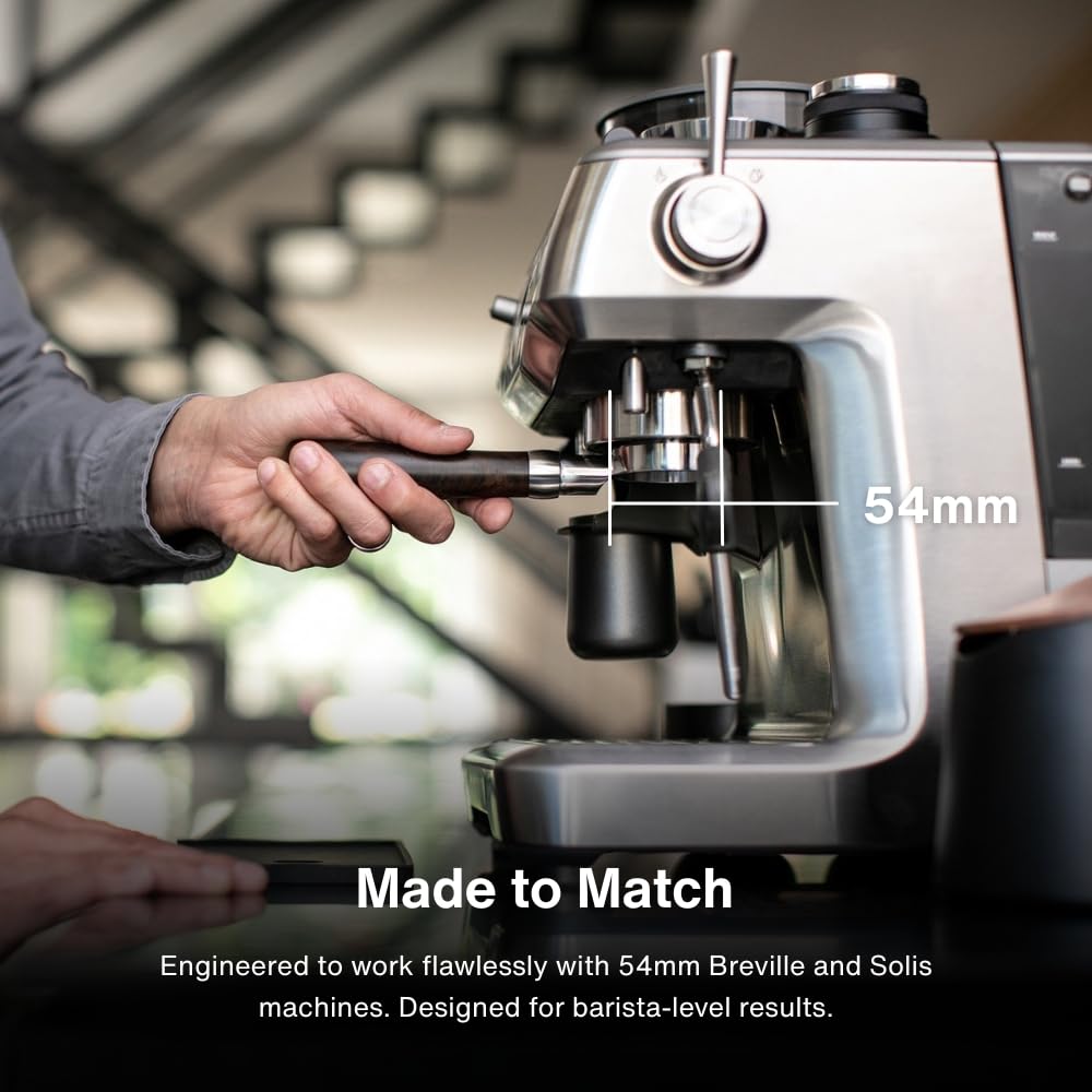 Crema portafiltro 54 mm para visualizar el flujo y mejorar la extracción.