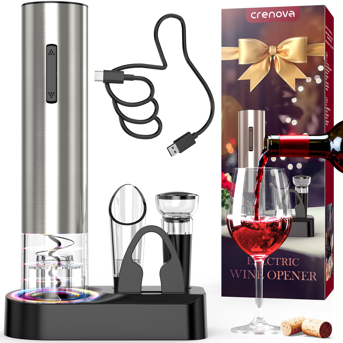 Crenova abre-vinos eléctrico en acción para destapar botellas con facilidad