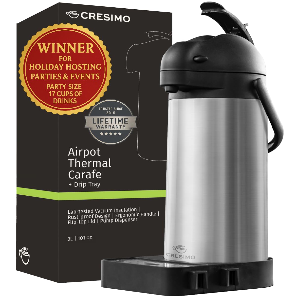 CRESIMO Airpot, vista frontal, cafetera con bomba y bandeja removible para fiestas.