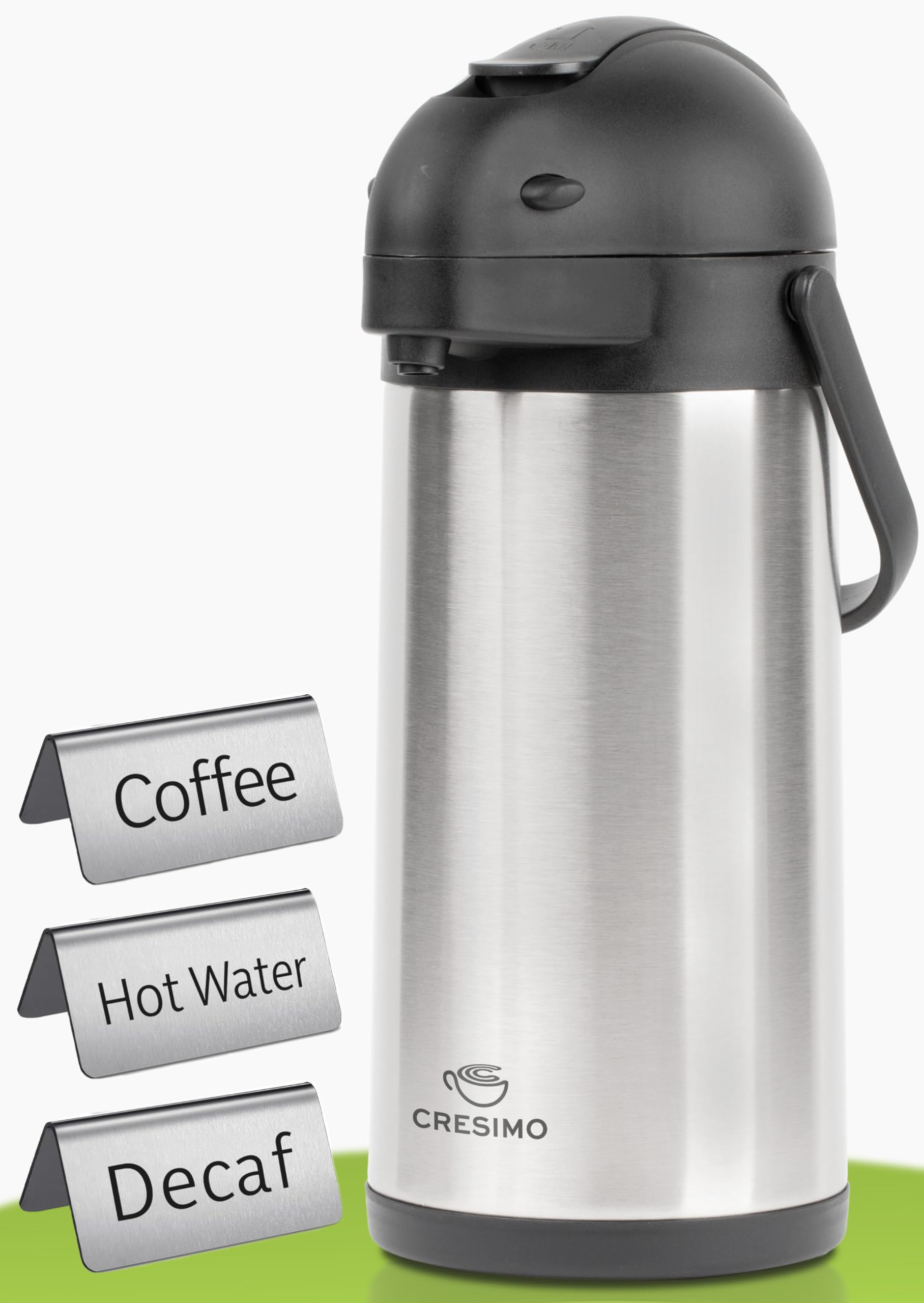 Cresimo airpot con etiquetas de bebidas para café, descafeinado y agua caliente.