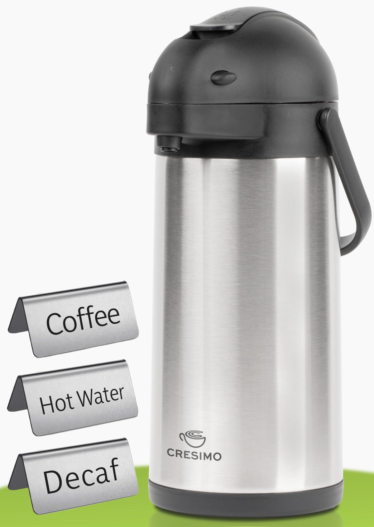 Cresimo airpot con etiquetas de bebidas para café, descafeinado y agua caliente.