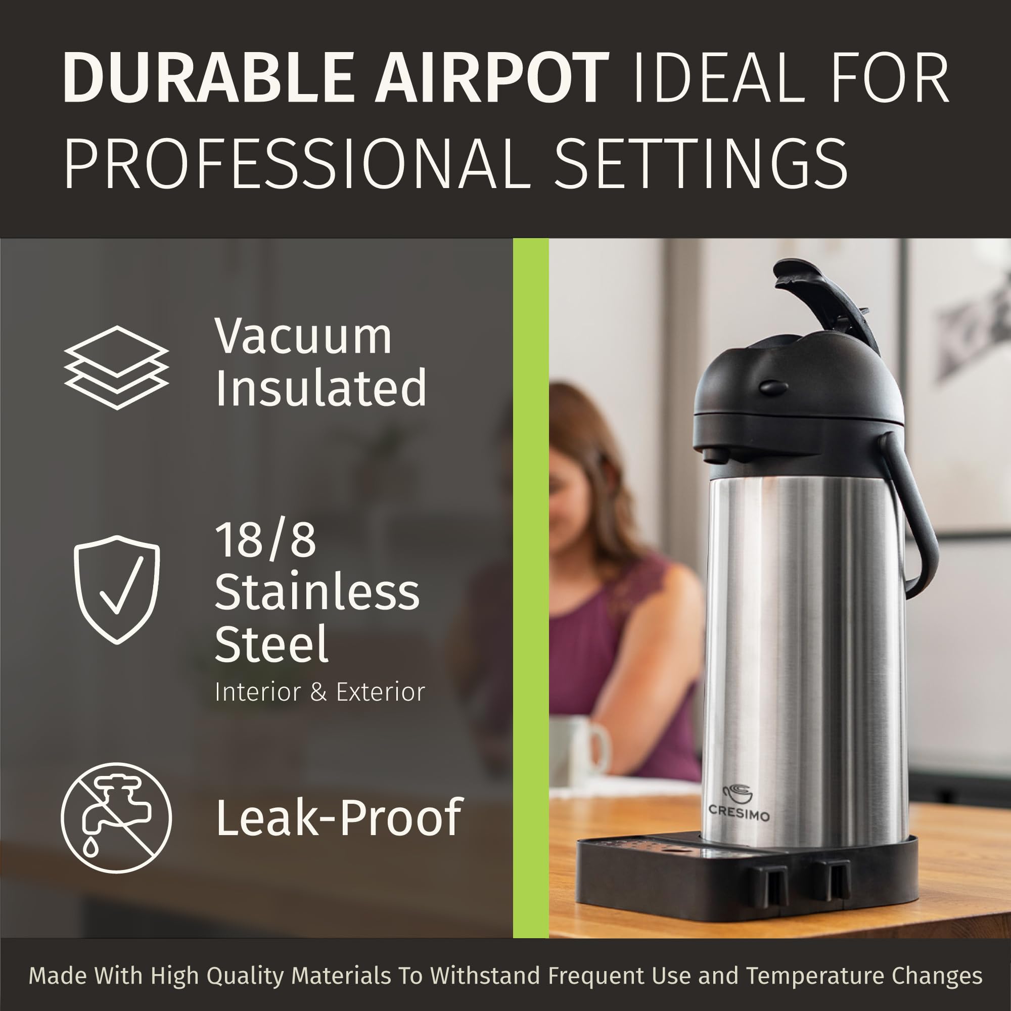 CRESIMO Airpot, tapa hermética para conservar aromas y calor.