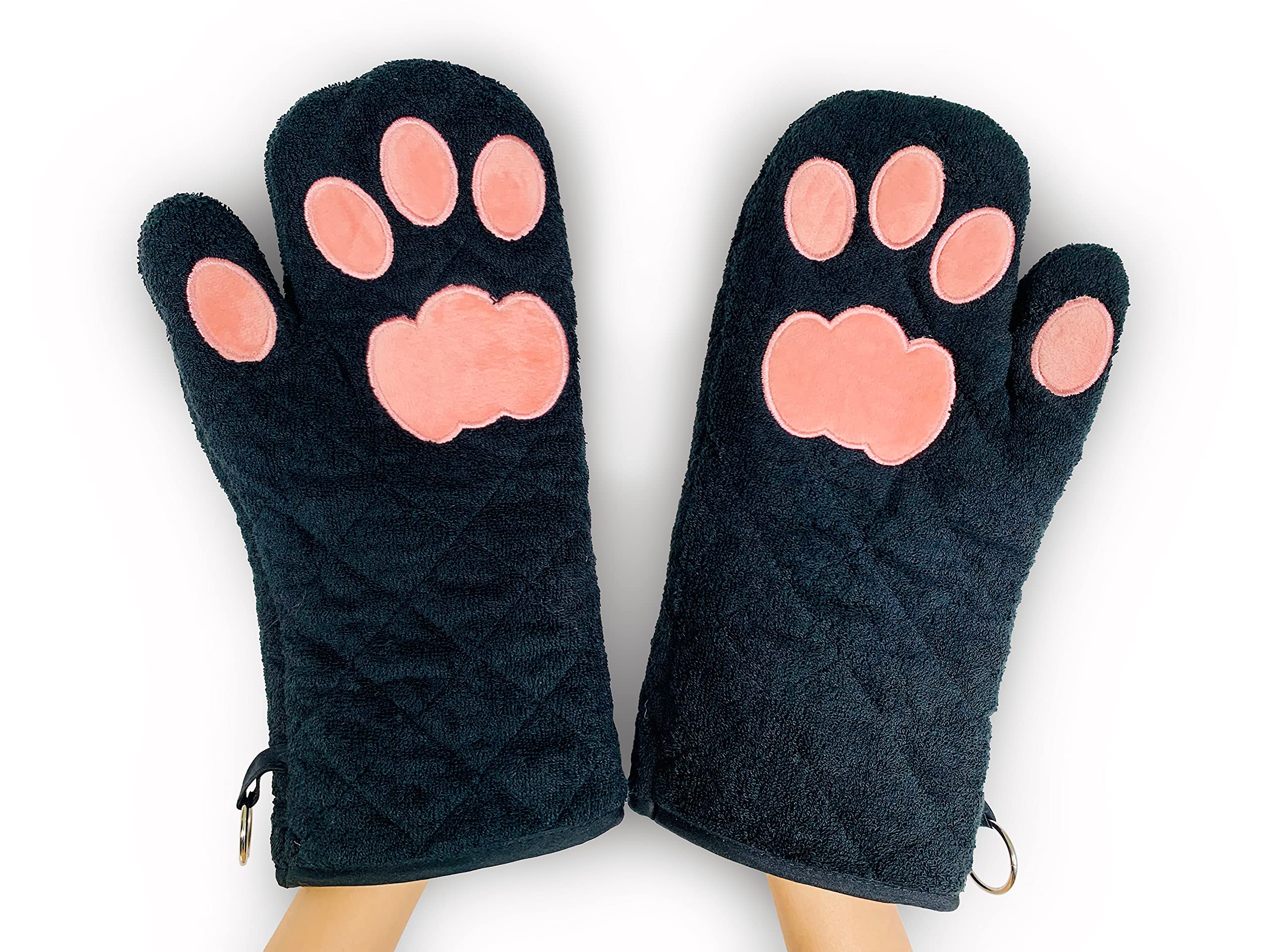 Guantes Cricket & Junebug con garras de gato negras y rosadas para horno y seguridad.