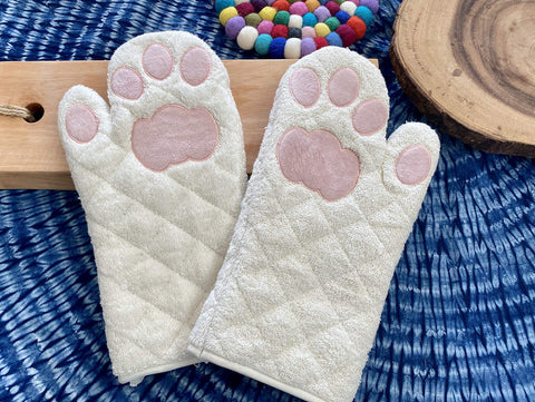Cricket & Junebug guantes de horno patitas de gato, blanco rosado, protección al manipular ollas