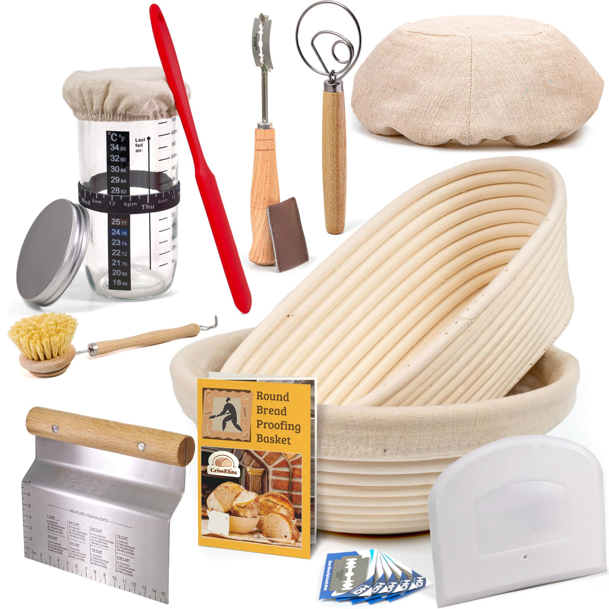 CRISS ELITE kit masa madre: cesta banneton redonda de 9 pulgadas para dar forma y cocción uniforme.