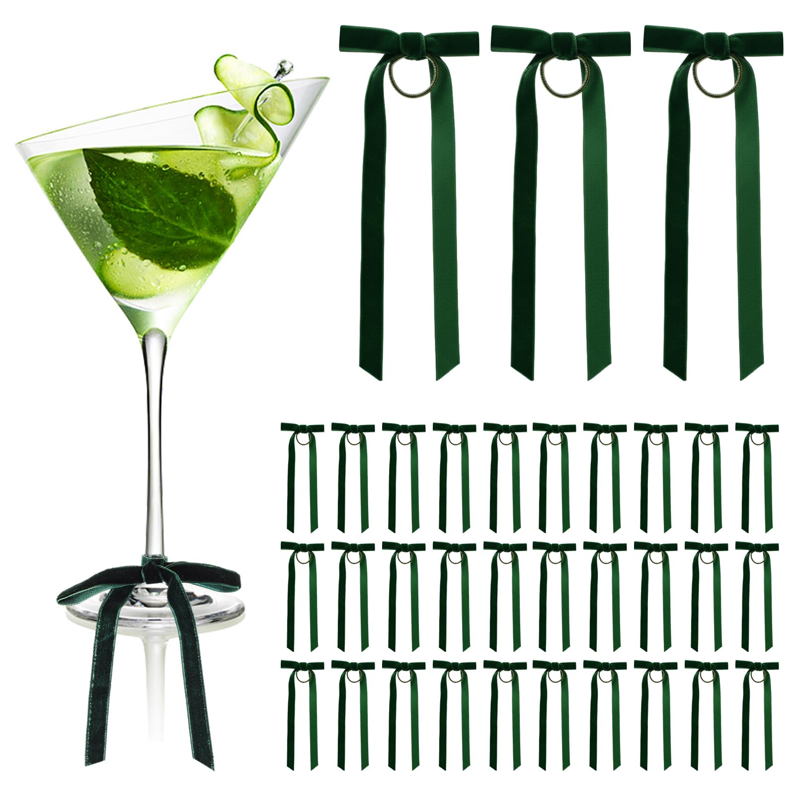 CroBlissful lazo de terciopelo verde para copas de vino, añade elegancia navideña