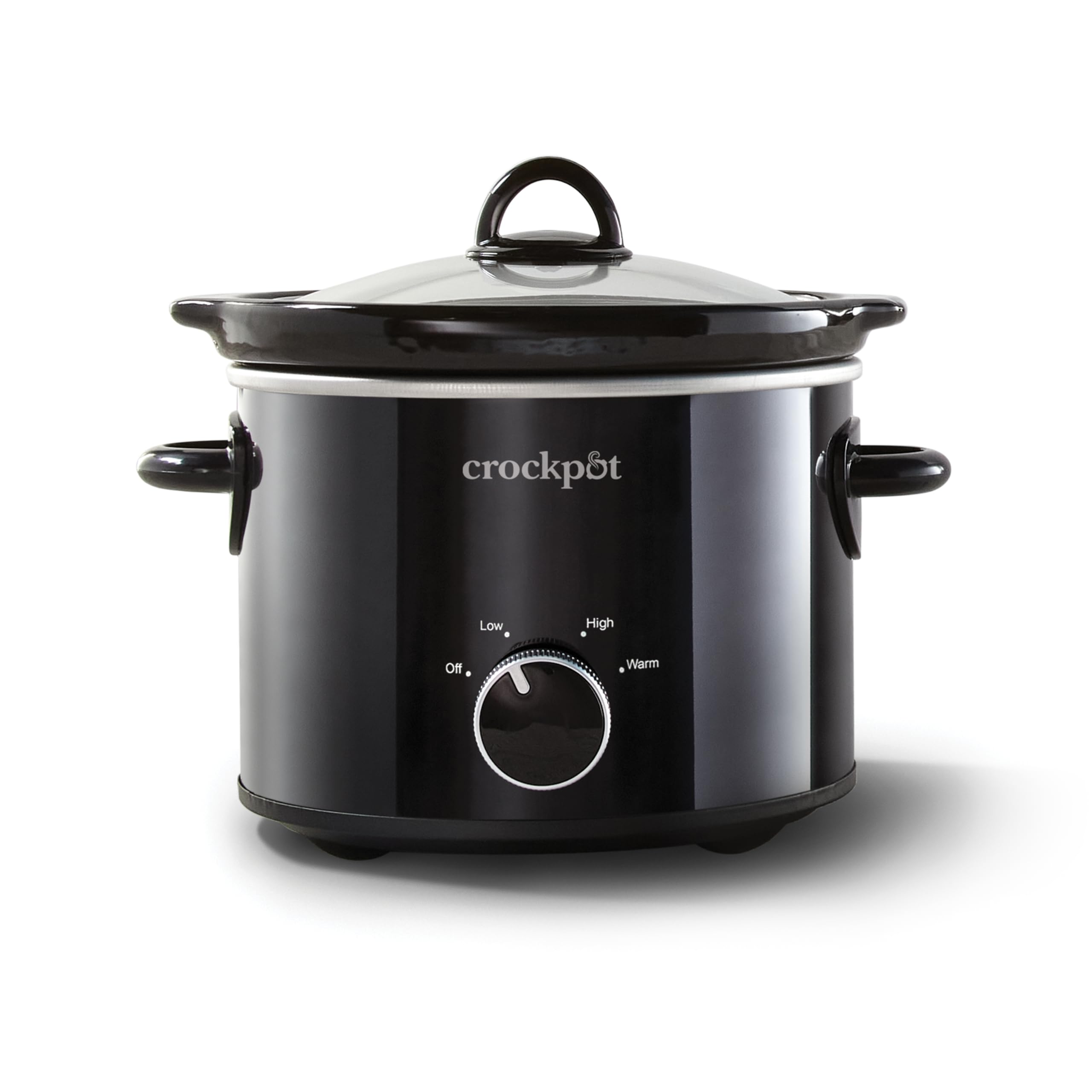 Crock-Pot frontal en negro mostrando diseño compacto y ahorro de espacio