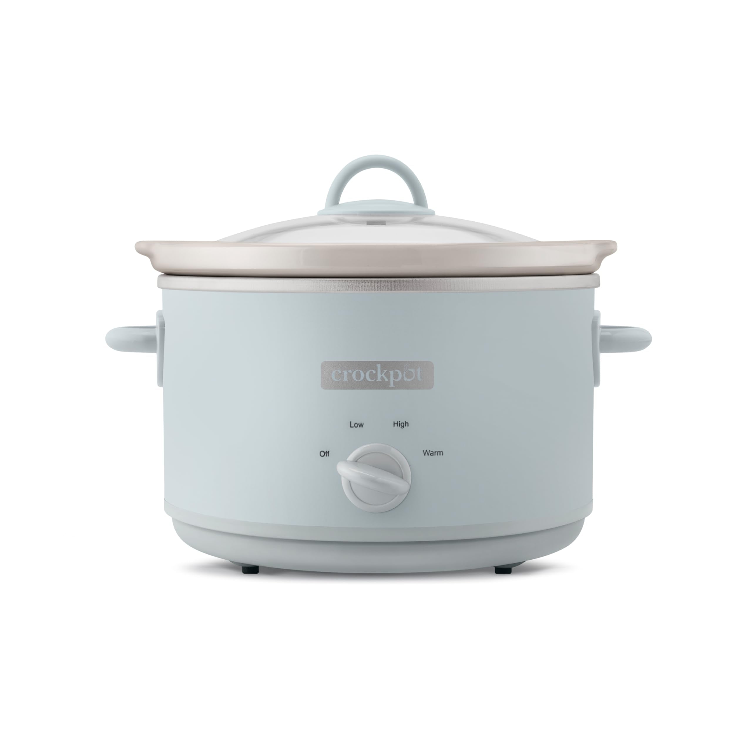 Crock-Pot Design Series 4.5 cuartos color azul macaroon, vista frontal elegante para comidas compartidas.