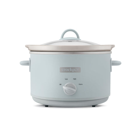 Crock-Pot Design Series 4.5 cuartos color azul macaroon, vista frontal elegante para comidas compartidas.