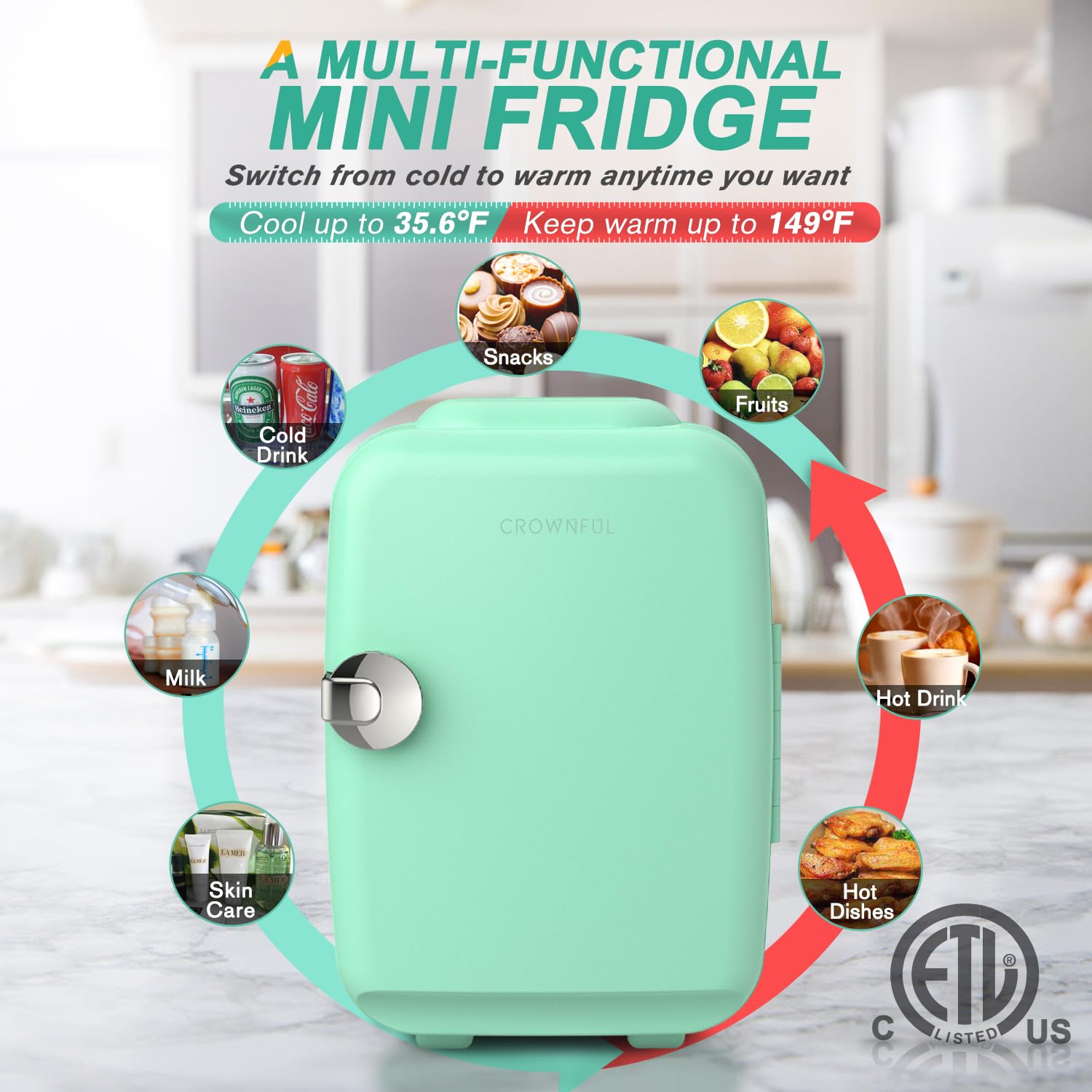 CROWNFUL mininevera 4L ofrece frío y calor con interruptor para cosméticos y bebidas.