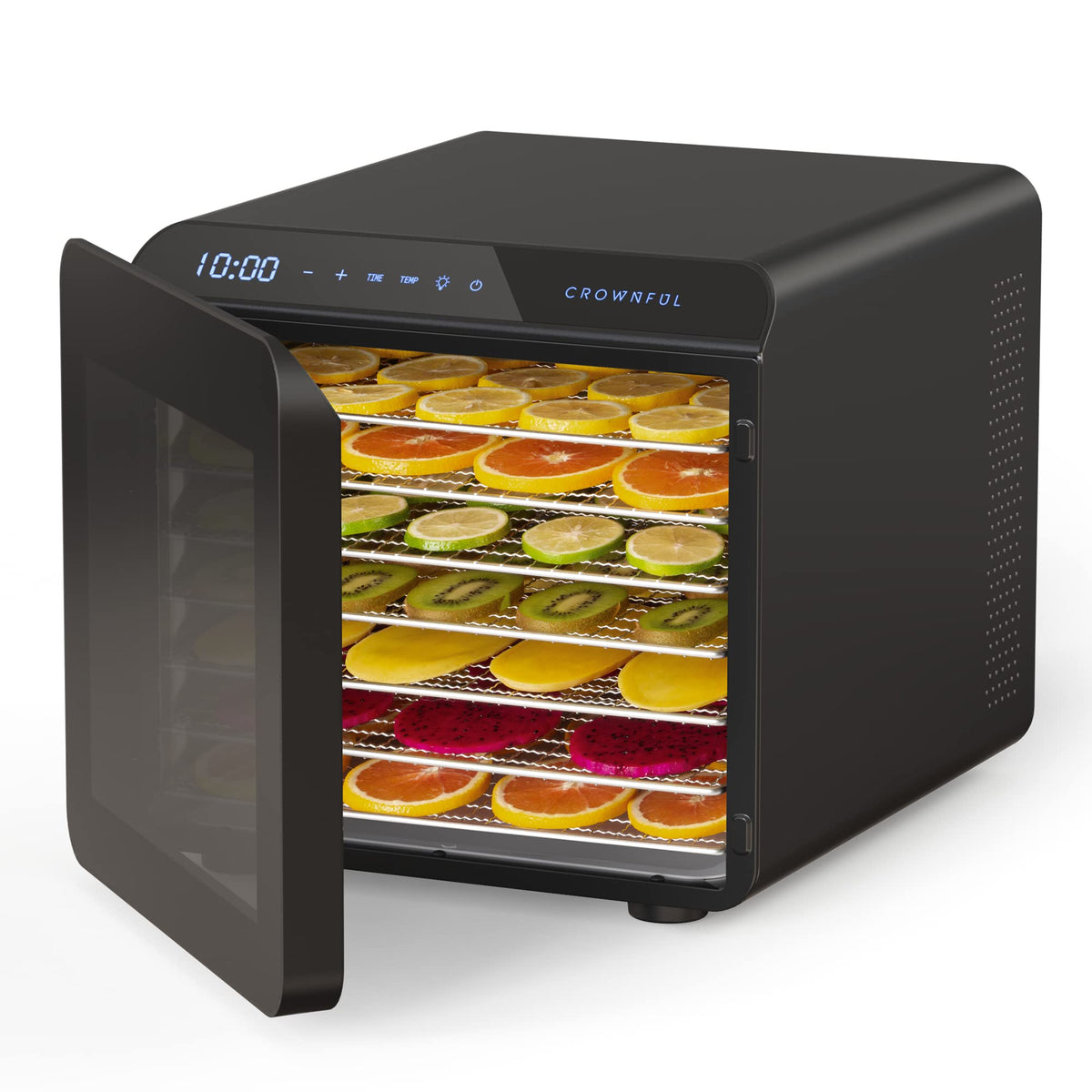 CROWNFUL deshidratador con 7 bandejas, vista frontal, ideal para snacks caseros