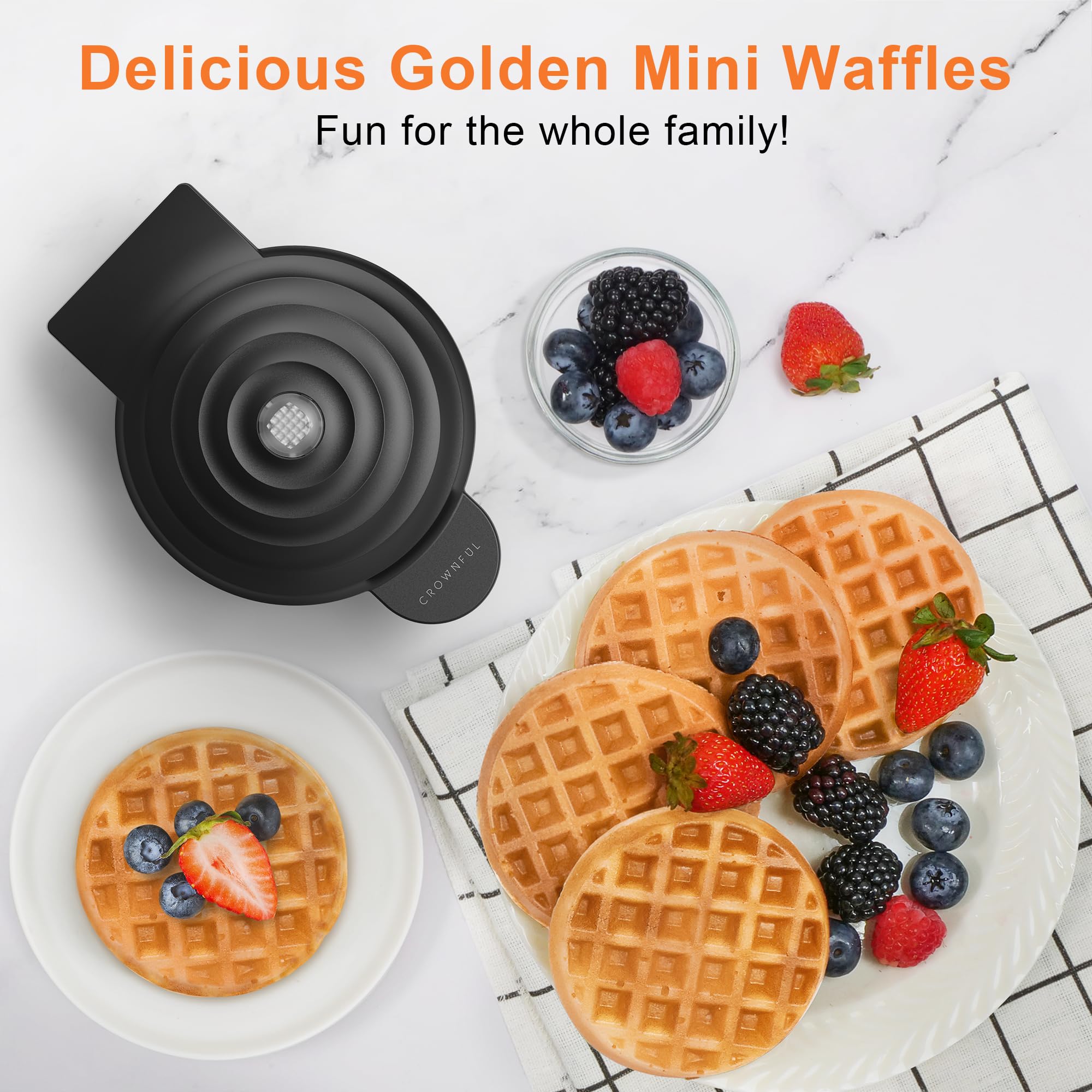 CROWNFUL mini máquina de gofres precalentamiento rápido para desayunos.