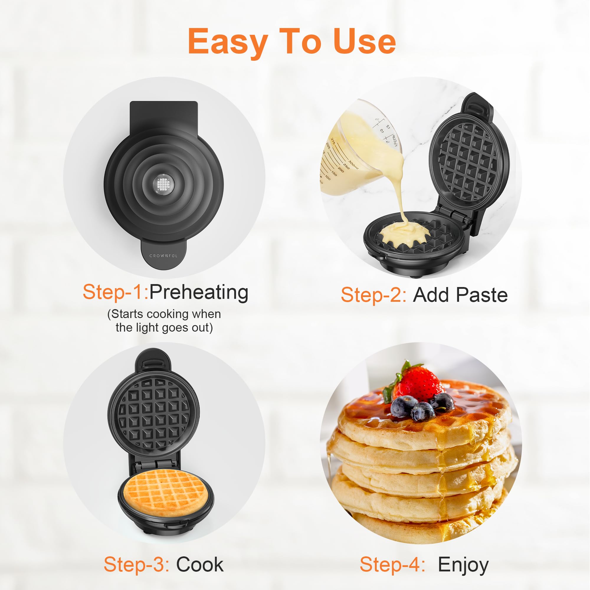 CROWNFUL mini máquina de gofres tamaño compacto para cocinas y dormitorios.