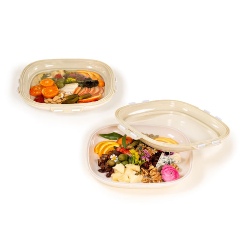 Crudités: bandejas portátiles para snacks cuadradas en crema, ideales para preparacion de comidas.