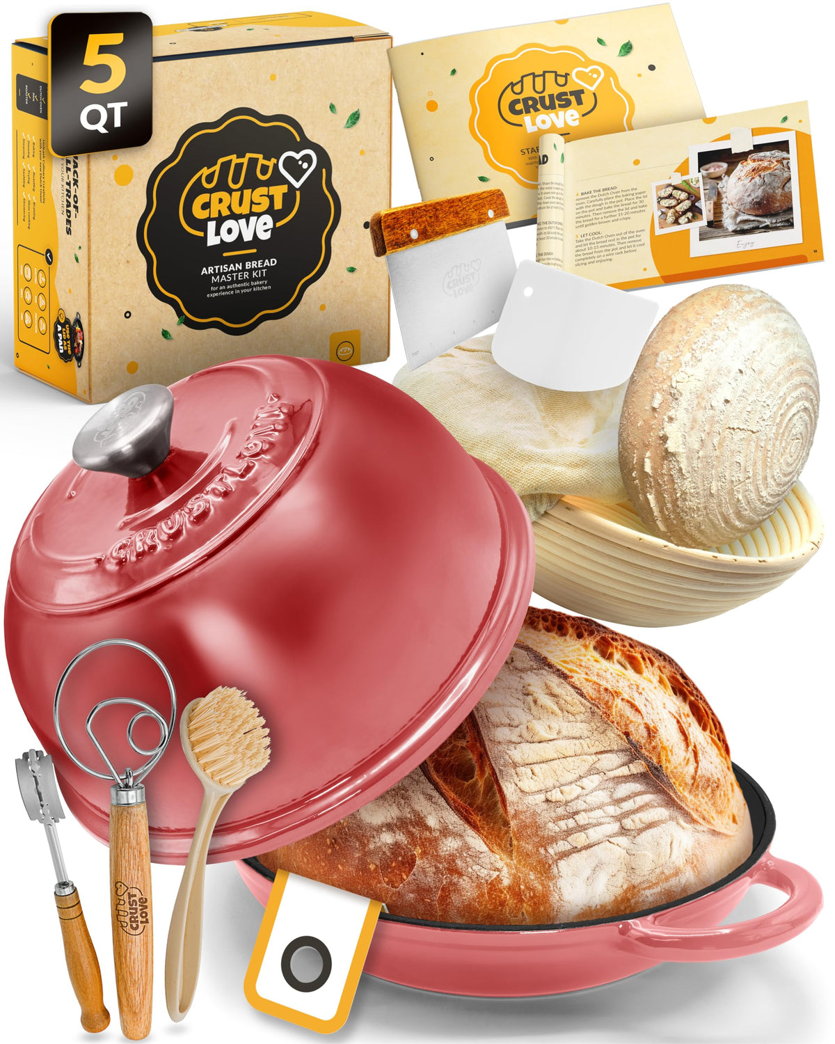 CRUSTLOVE Horno de hierro esmaltado 5qt con tapa para pan crujiente en casa.