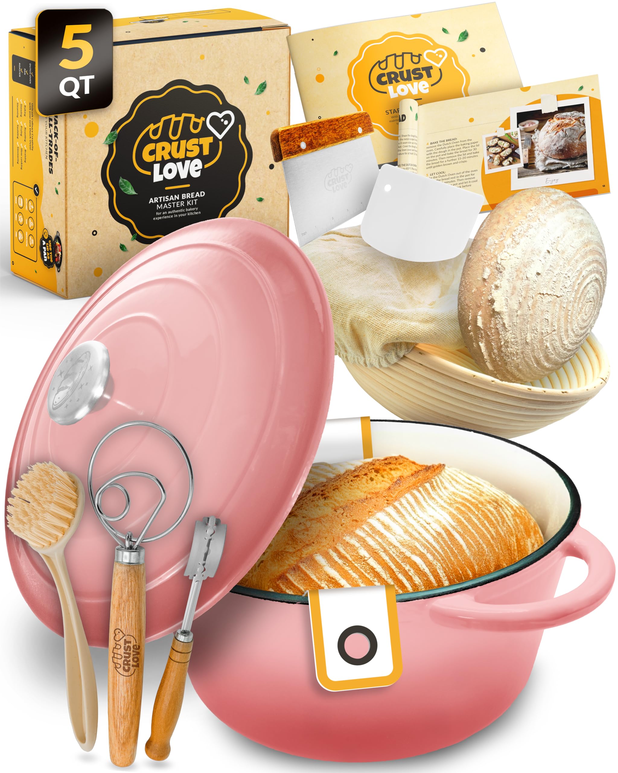 CRUSTLOVE olla de hierro esmaltado 5qt con tapa para pan, cocción uniforme.