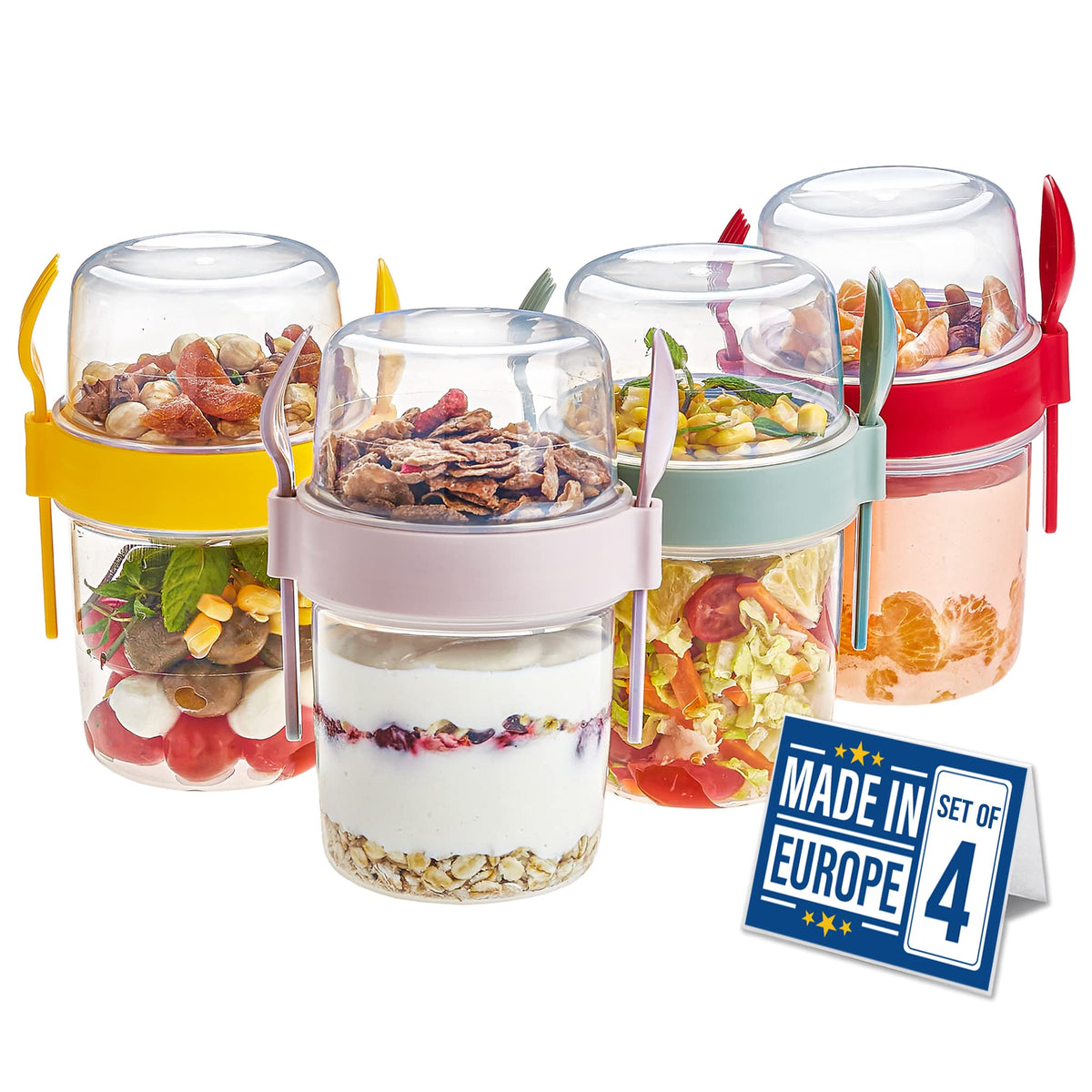 Crystalia Parfait 22oz con tapa y cuchara, ideal para desayunos sin derrames.