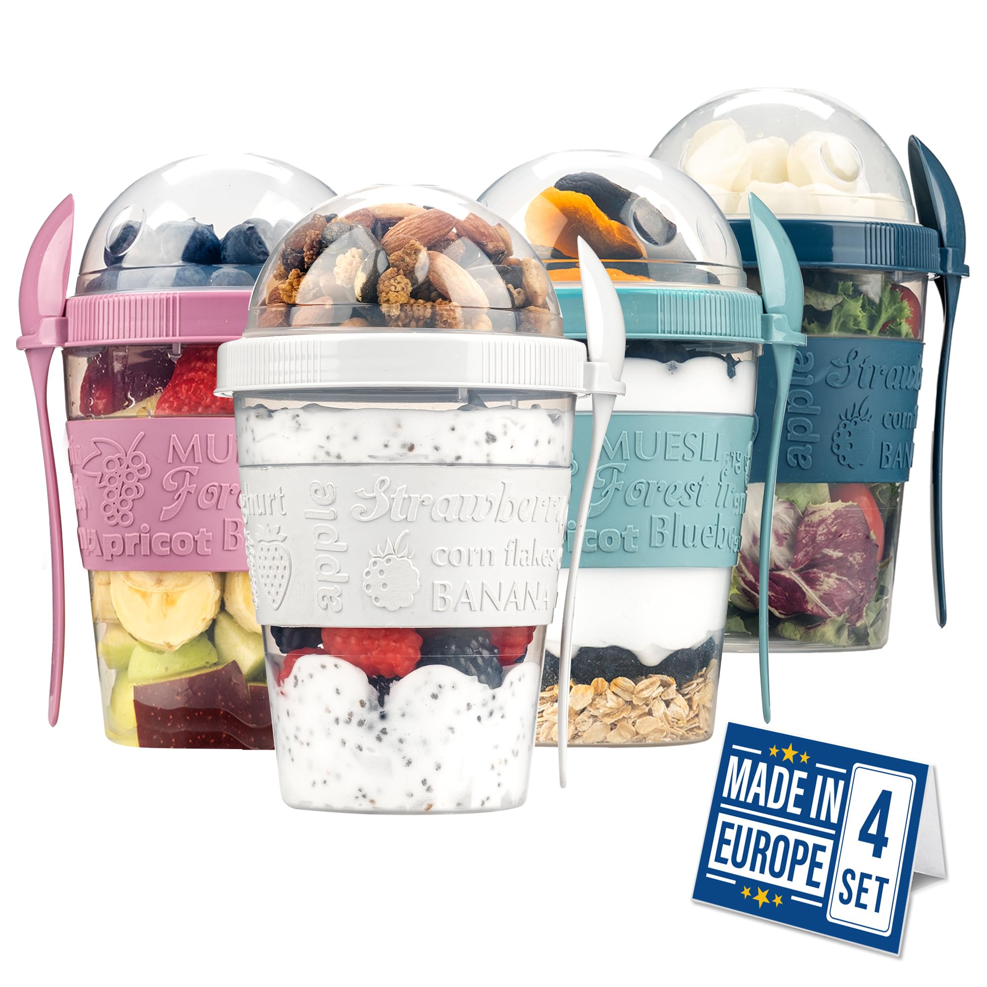 Crystalia yogur portatil 4-pack con tapas y cucharas, ideal para desayunos para llevar.