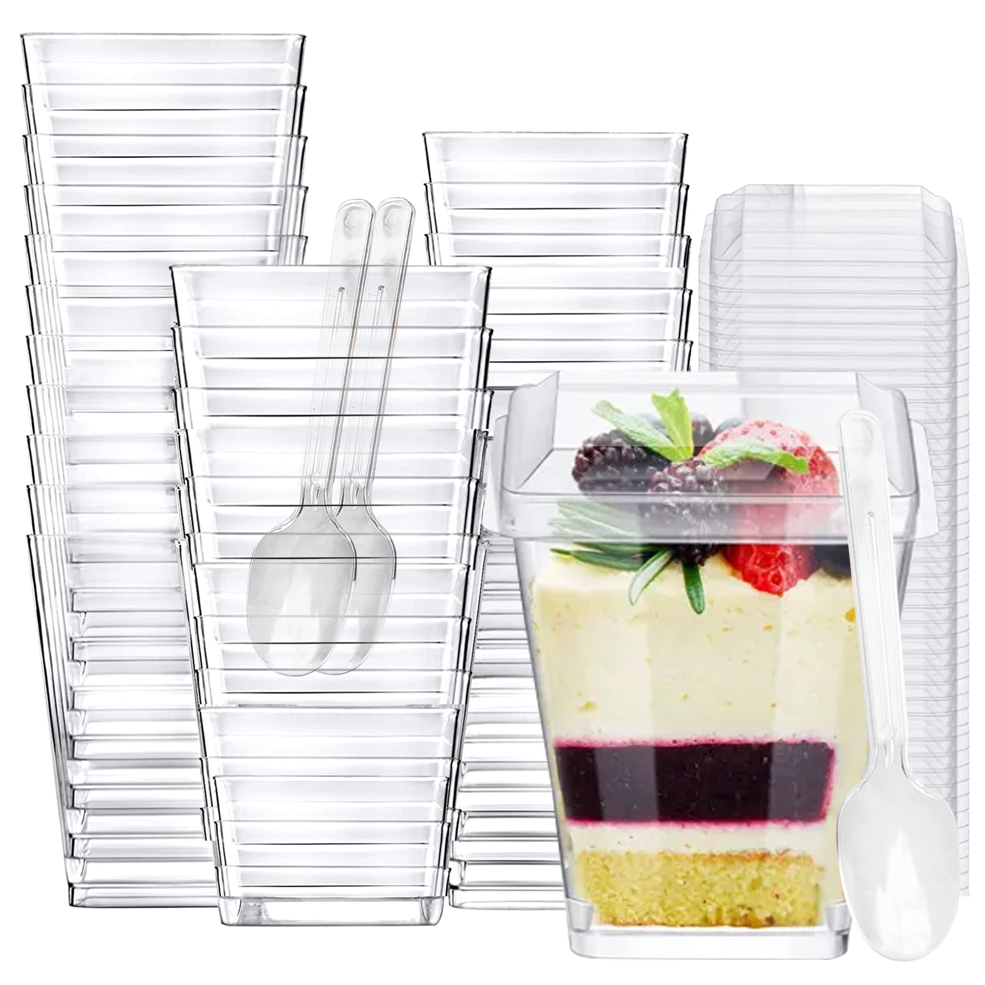 Crystry vasos postre 5oz transparentes con tapas y cucharas, ideales para porciones individuales.