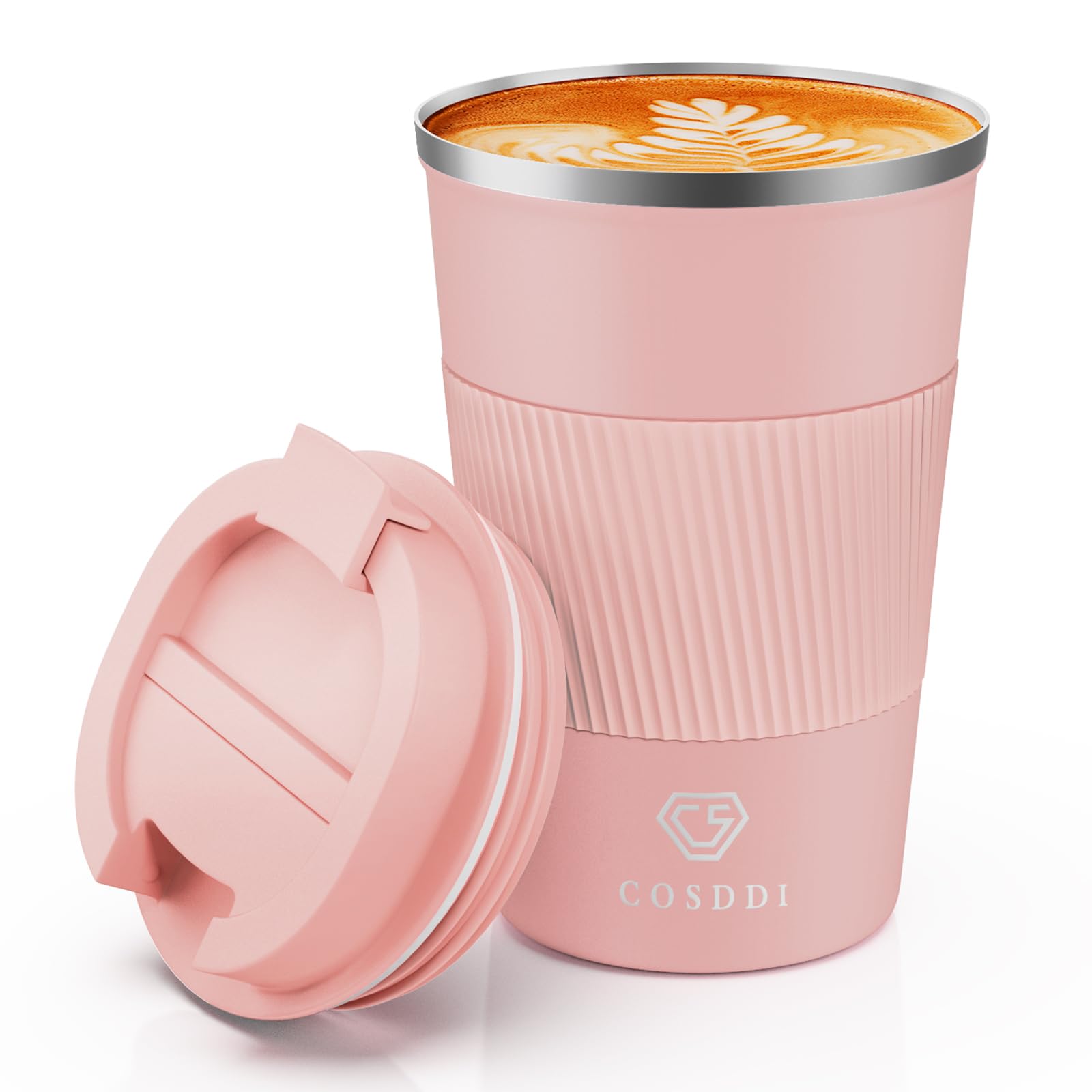CS COSDDI taza termica 12oz rosa claro con funda silicona para un agarre cómodo.