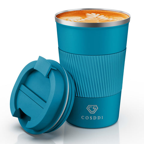 CS COSDDI taza viaje aguamarina con cuerpo de acero, mantiene bebidas a temperatura estable.