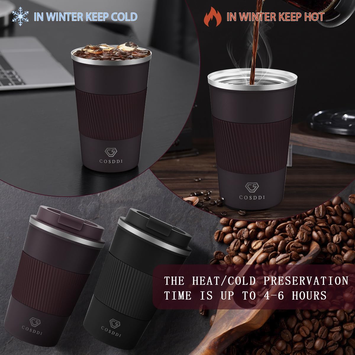 CS COSDDI vaso térmico 12oz marrón detalles de silicona y sellos seguros.