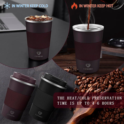 CS COSDDI vaso térmico 12oz marrón detalles de silicona y sellos seguros.