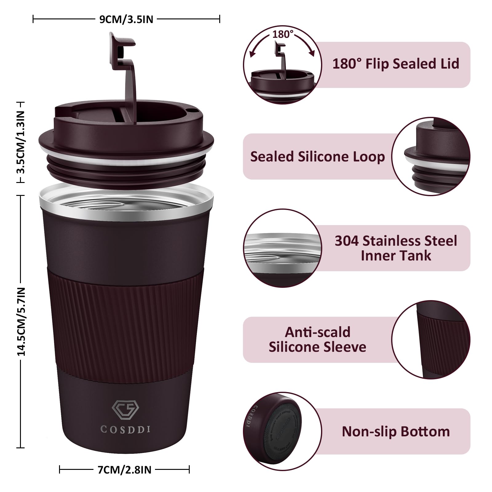CS COSDDI vaso térmico 12oz marrón tapa, cierre hermético para evitar derrames.