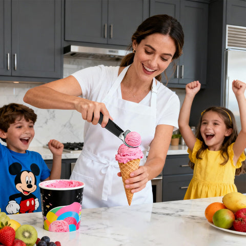 CUBE LIFE uso familiar con diseño ergonómico para servir helado fácilmente.