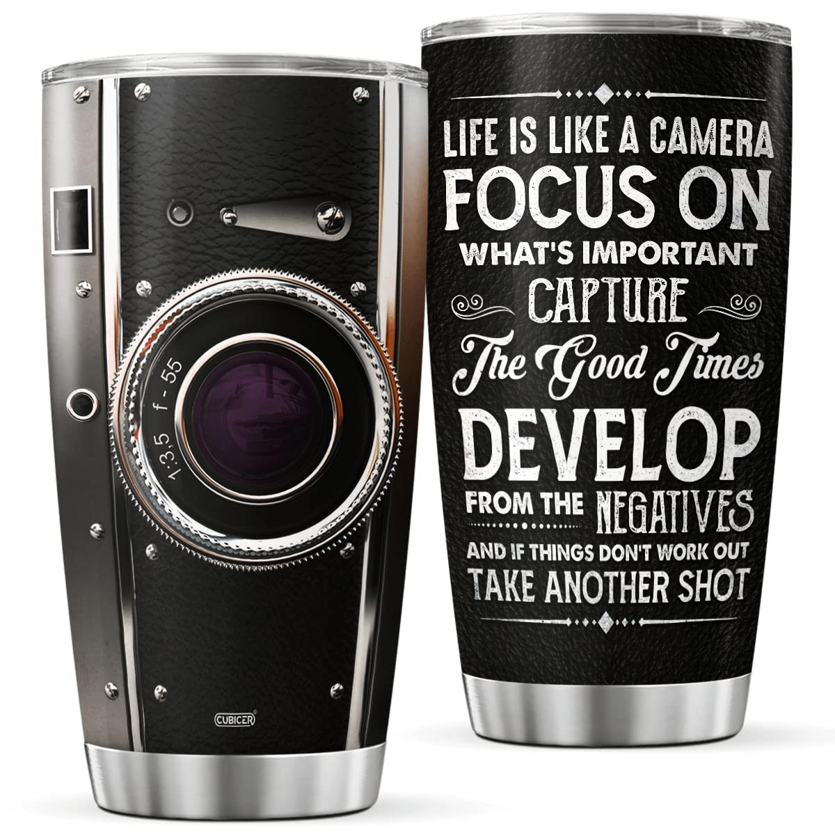 CUBICER Vaso térmico Fotógrafo 20oz con lente, ideal para sesiones en movimiento.