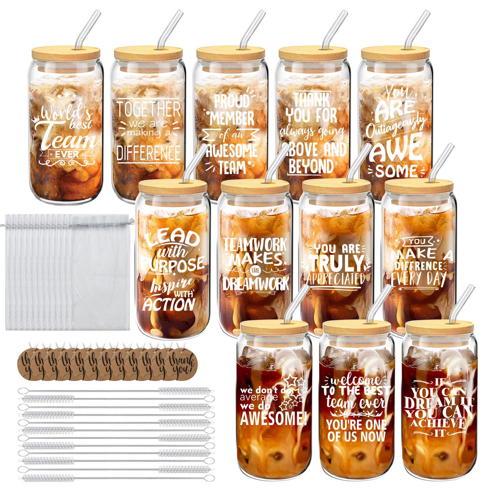 Cubotn vaso de cristal 16oz con tapa, diseño inspirador para equipo