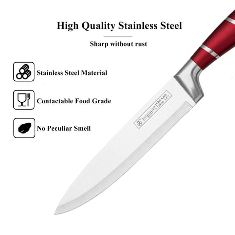 Cuchillo de chef rojo afilado, ideal para cortes precisos en la cocina.