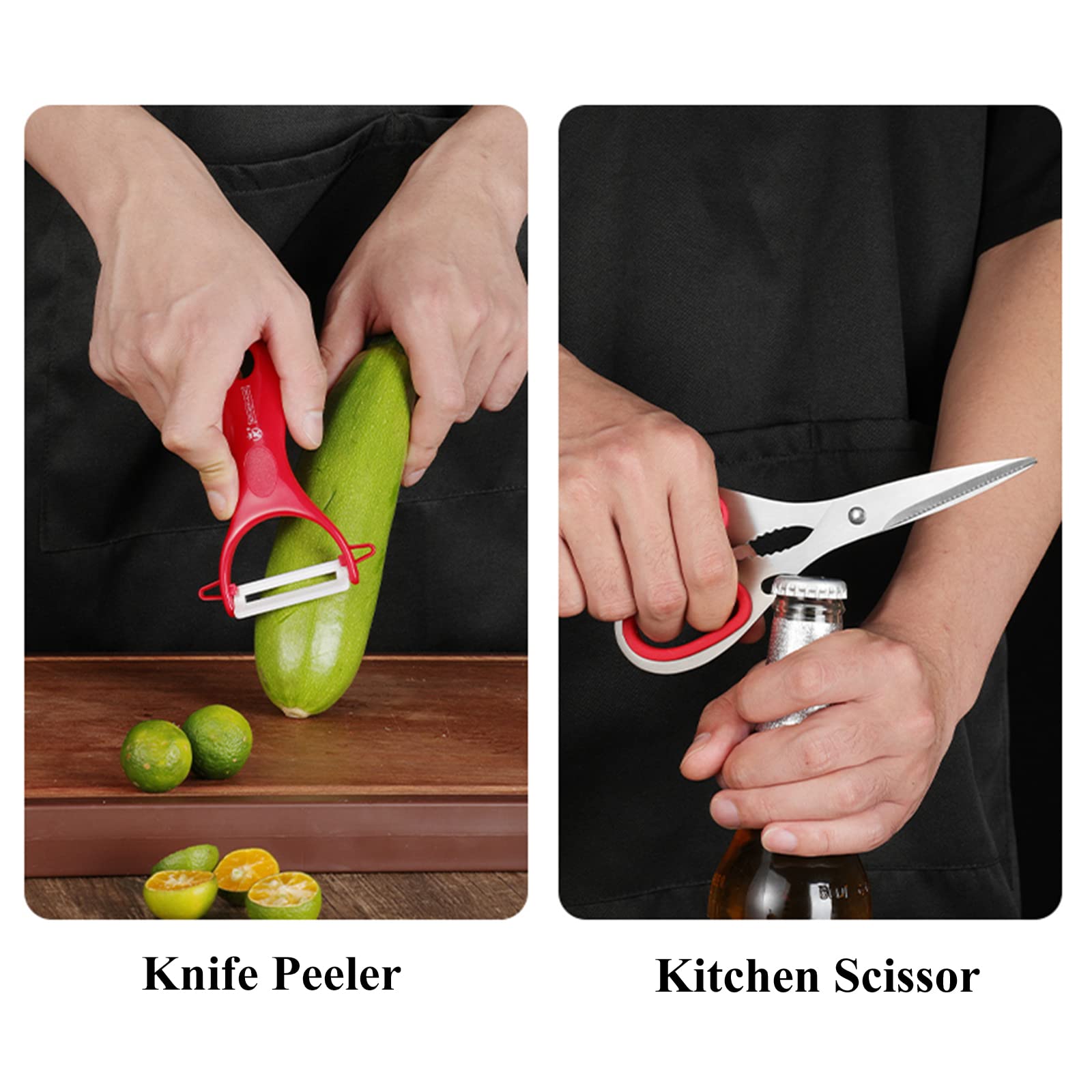 Cuchillo universal rojo afilado, versátil para verduras y carnes.