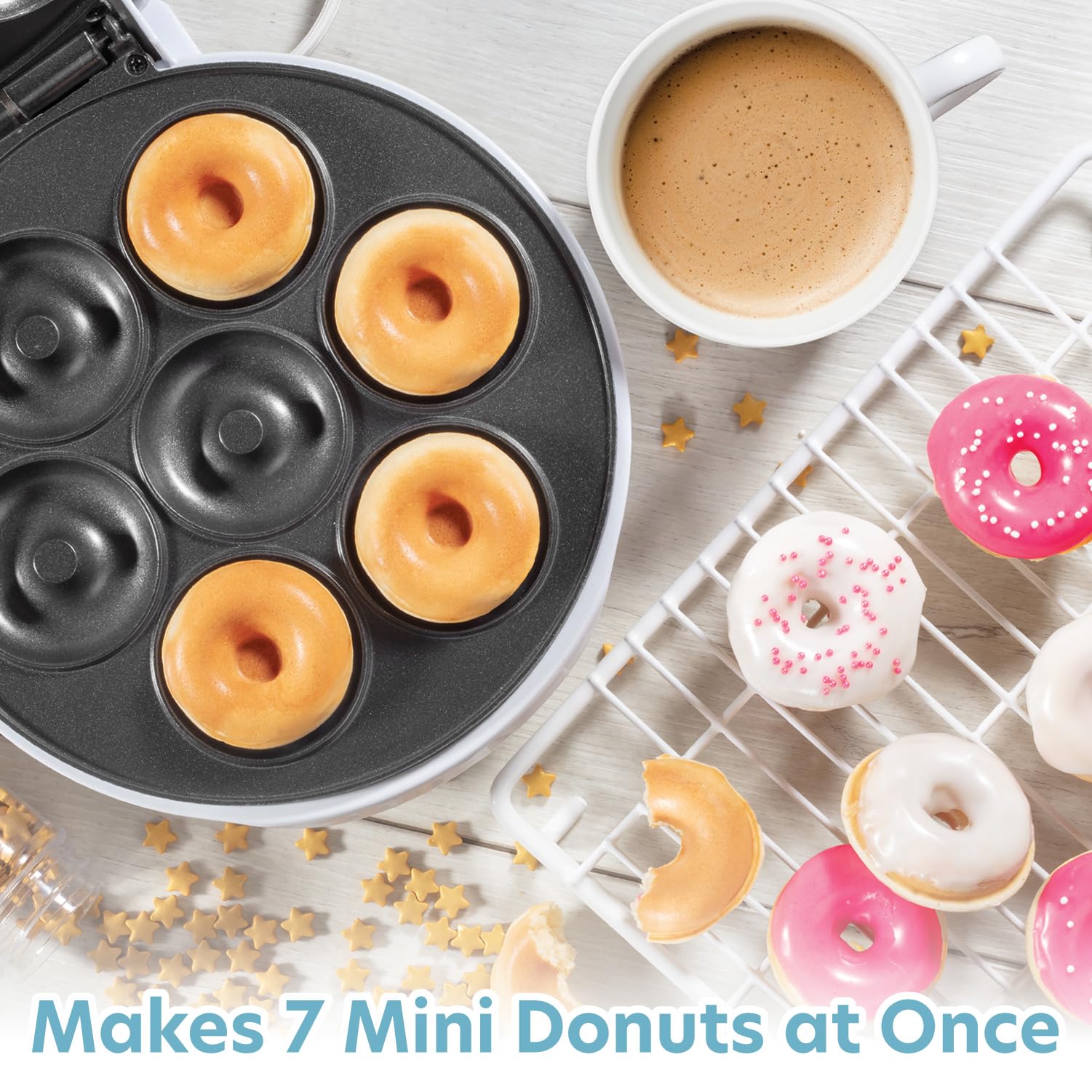 CucinaPro Mini Donut Maker bandeja para 7 donas, porciones consistentes