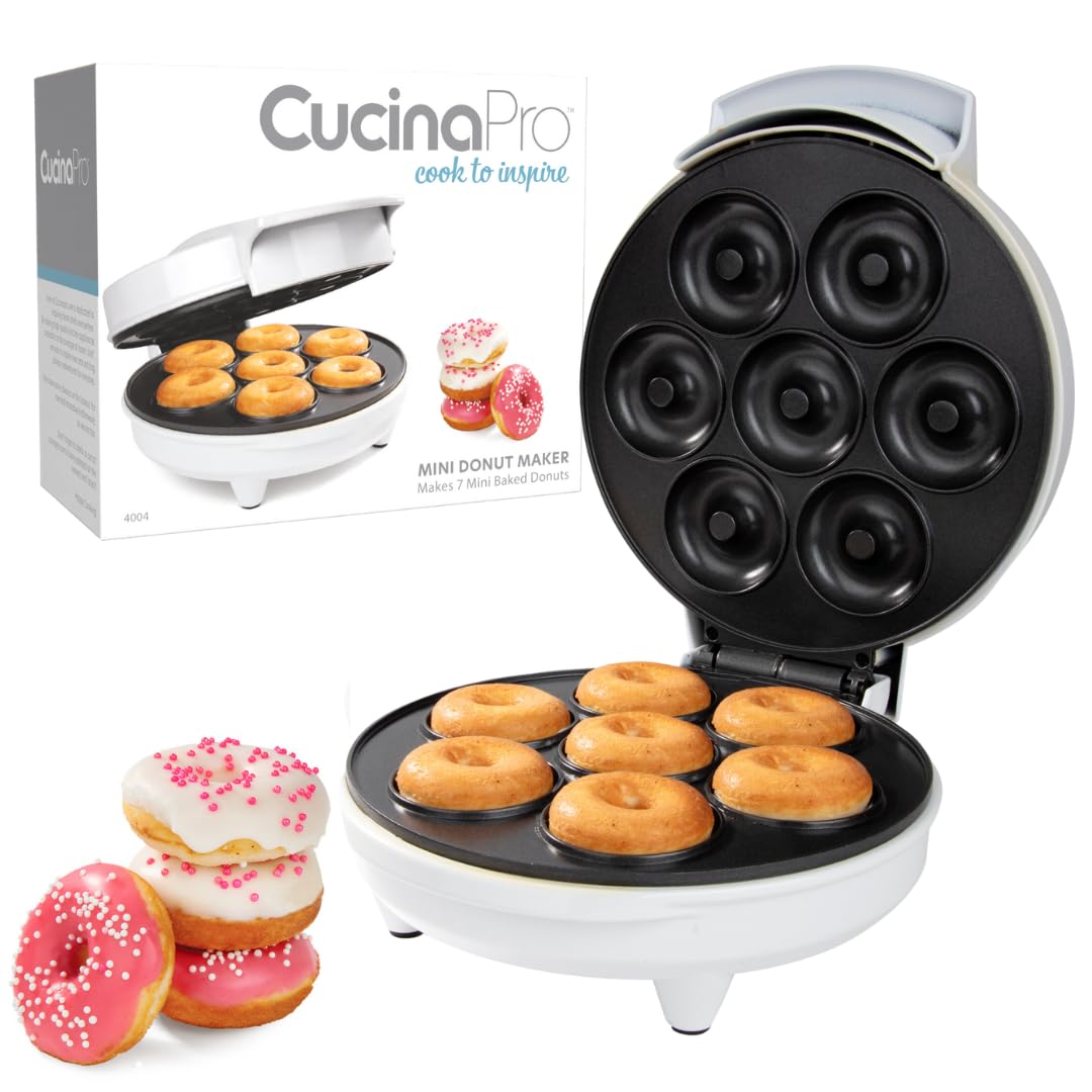 CucinaPro Mini Donut Maker diseño compacto blanco para almacenamiento
