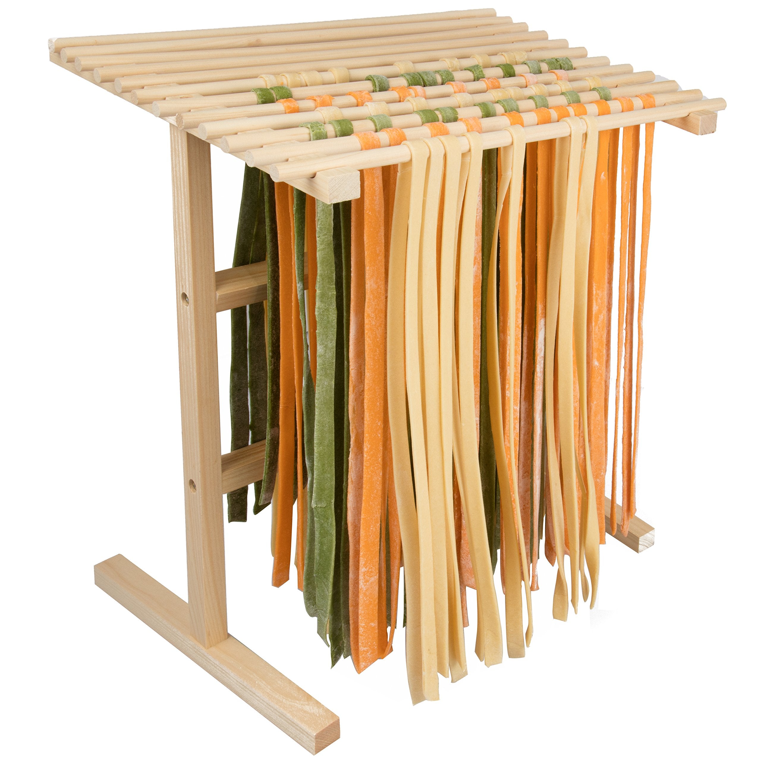 CucinaPro estante para pasta con pasta colgada, facilita un secado rápido y uniforme.