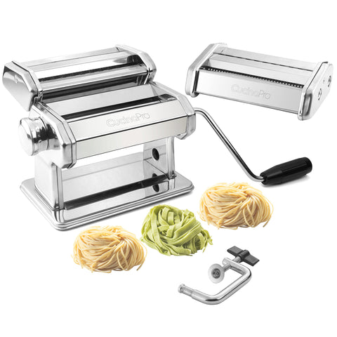 Cucinapro máquina para pasta cromada con mango de madera para hacer espagueti.