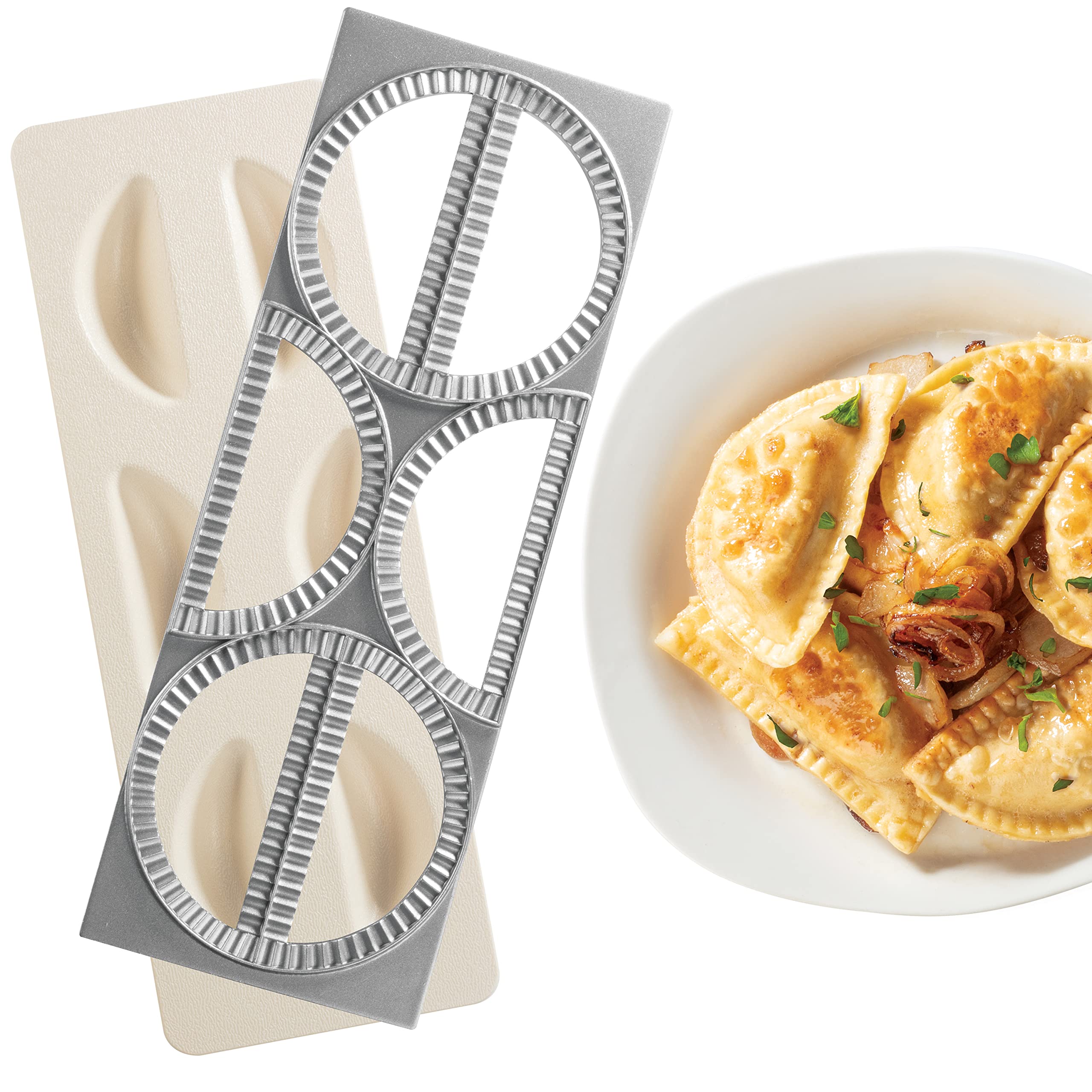 CucinaPro máquina para pierogi con bandeja y prensa para seis pierogi.