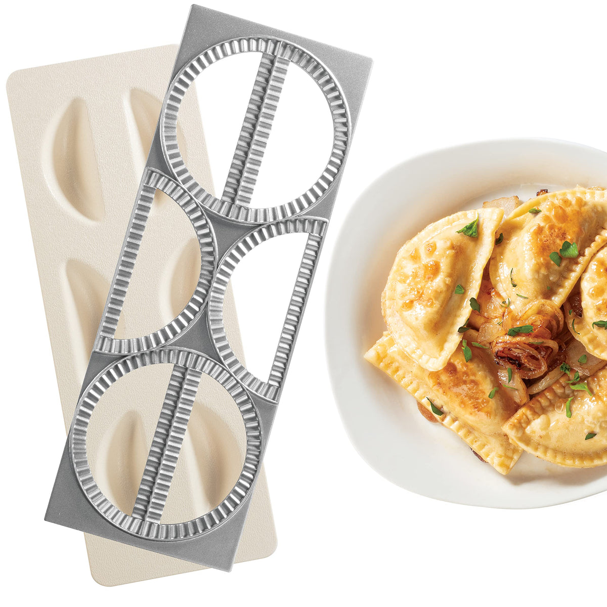 CucinaPro máquina para pierogi con bandeja y prensa para seis pierogi.