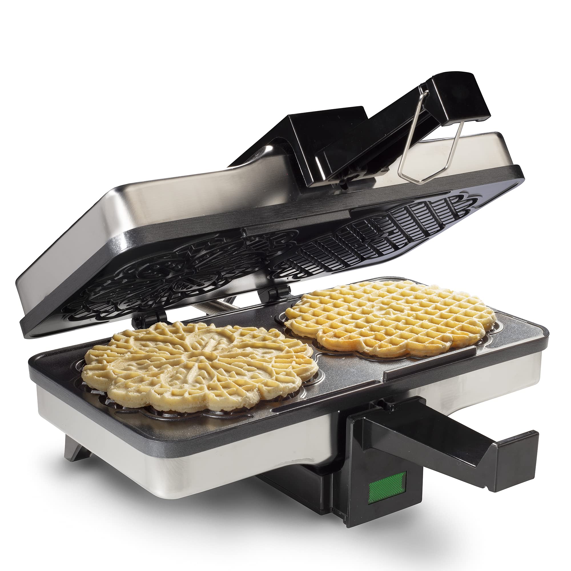 CucinaPro Pizzelle Maker muestra dos galletas de 5 pulgadas listas para fiestas.