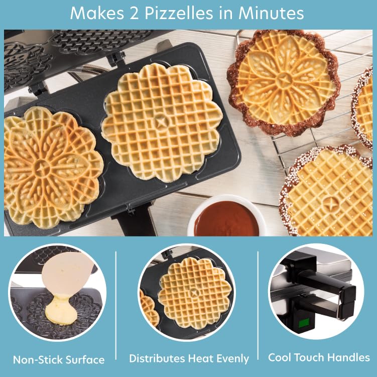 La Pizzelle Maker de CucinaPro con placas antiadherentes grises facilita el desmolde y la limpieza.