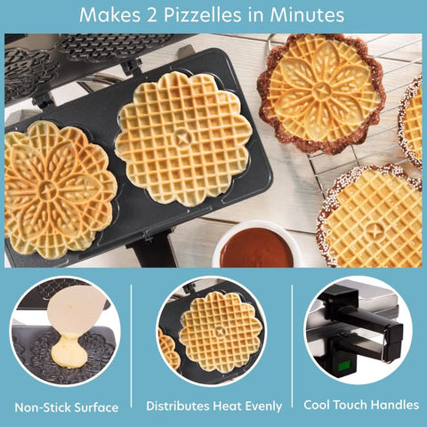 La Pizzelle Maker de CucinaPro con placas antiadherentes grises facilita el desmolde y la limpieza.