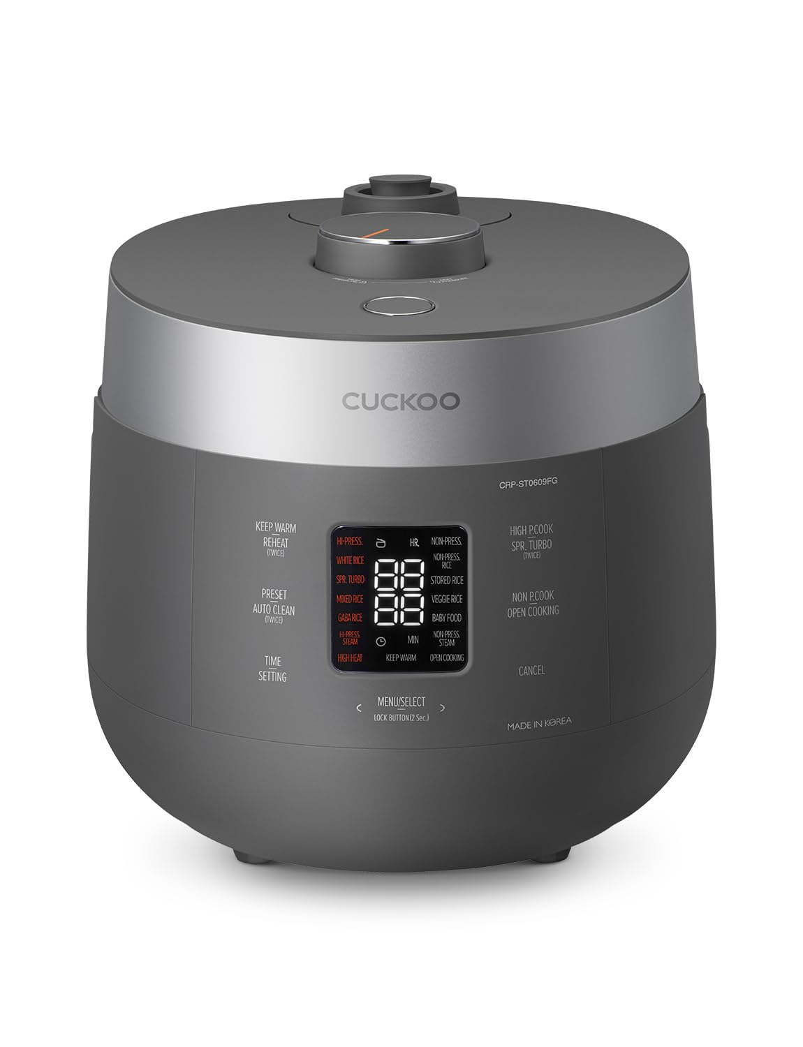Cuckoo cocedor de arroz con doble presión para 6 tazas crudas, cocción eficiente.
