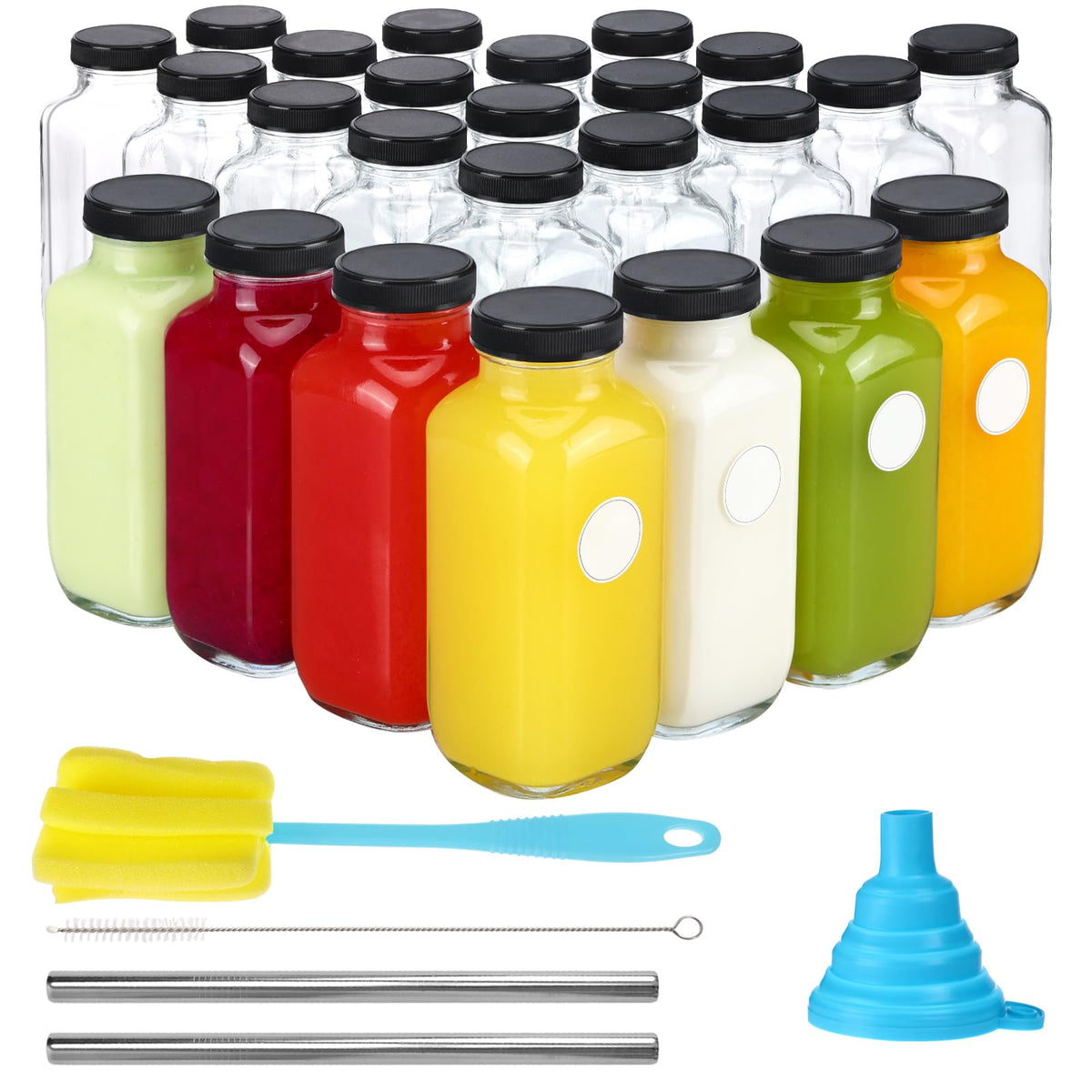 Botellas de vidrio CUCUMI de 16 onzas con tapas negras para bebidas seguras y reutilizables.