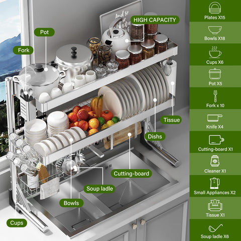 CUISIBOT escurridor ajustable 20-9 a 37-4 pulgadas, adaptable a diferentes fregaderos.
