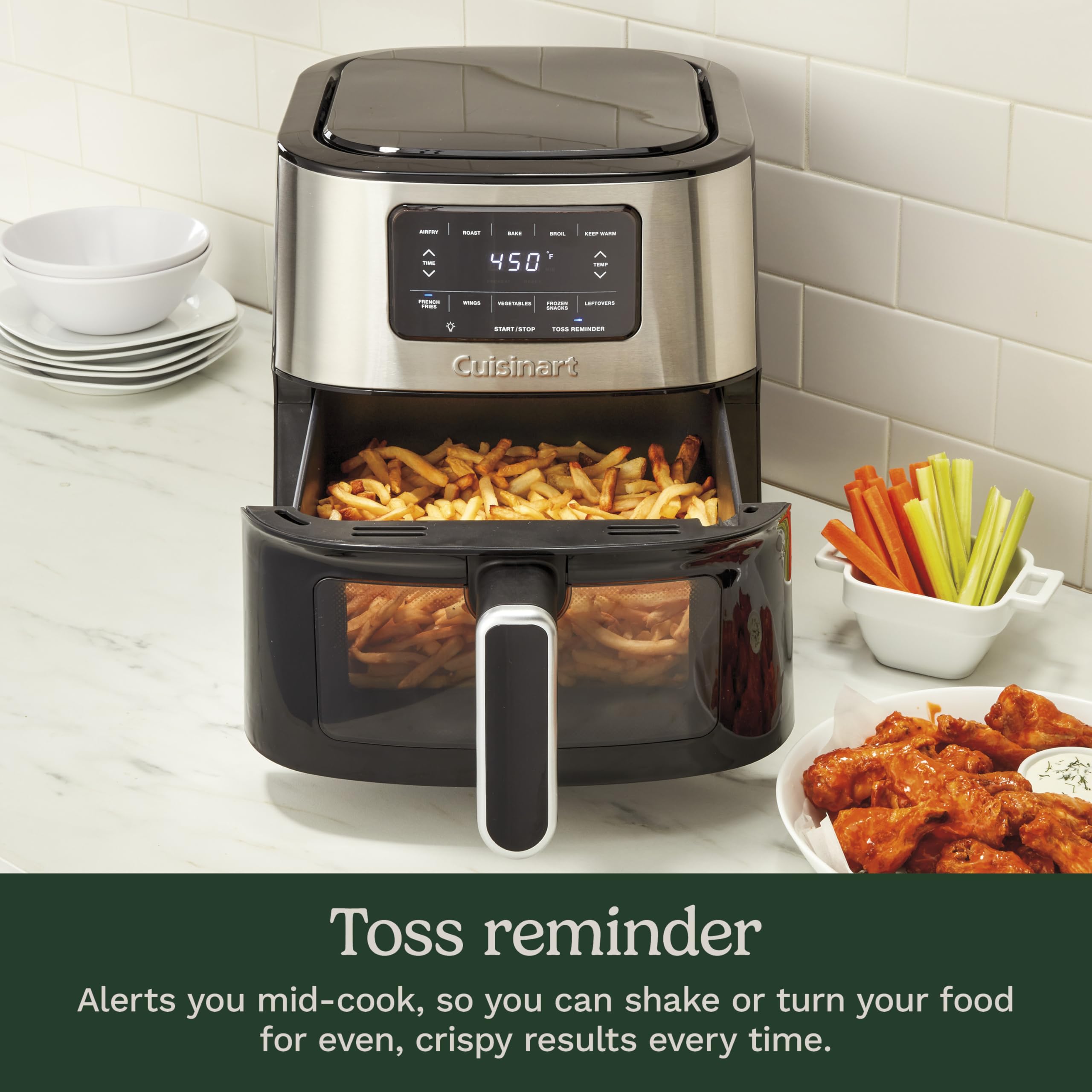 Cuisinart freidora de aire: temperatura-ajustable hasta 450 °F para recetas versátiles.
