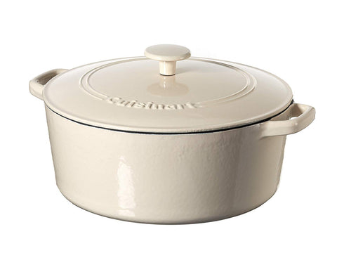 Cuisinart cazuela esmaltada crema, apta para horno y mesa como servicio elegante.