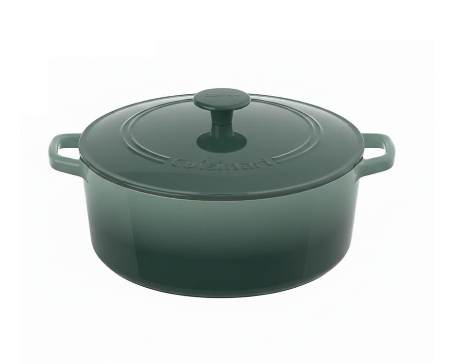 Cuisinart Chef's Classic olla redonda esmaltada con tapa en verde mar, retiene calor.