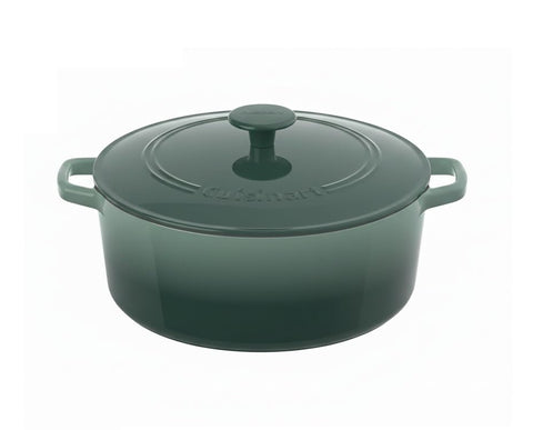 Cuisinart Chef's Classic olla redonda esmaltada con tapa en verde mar, retiene calor.