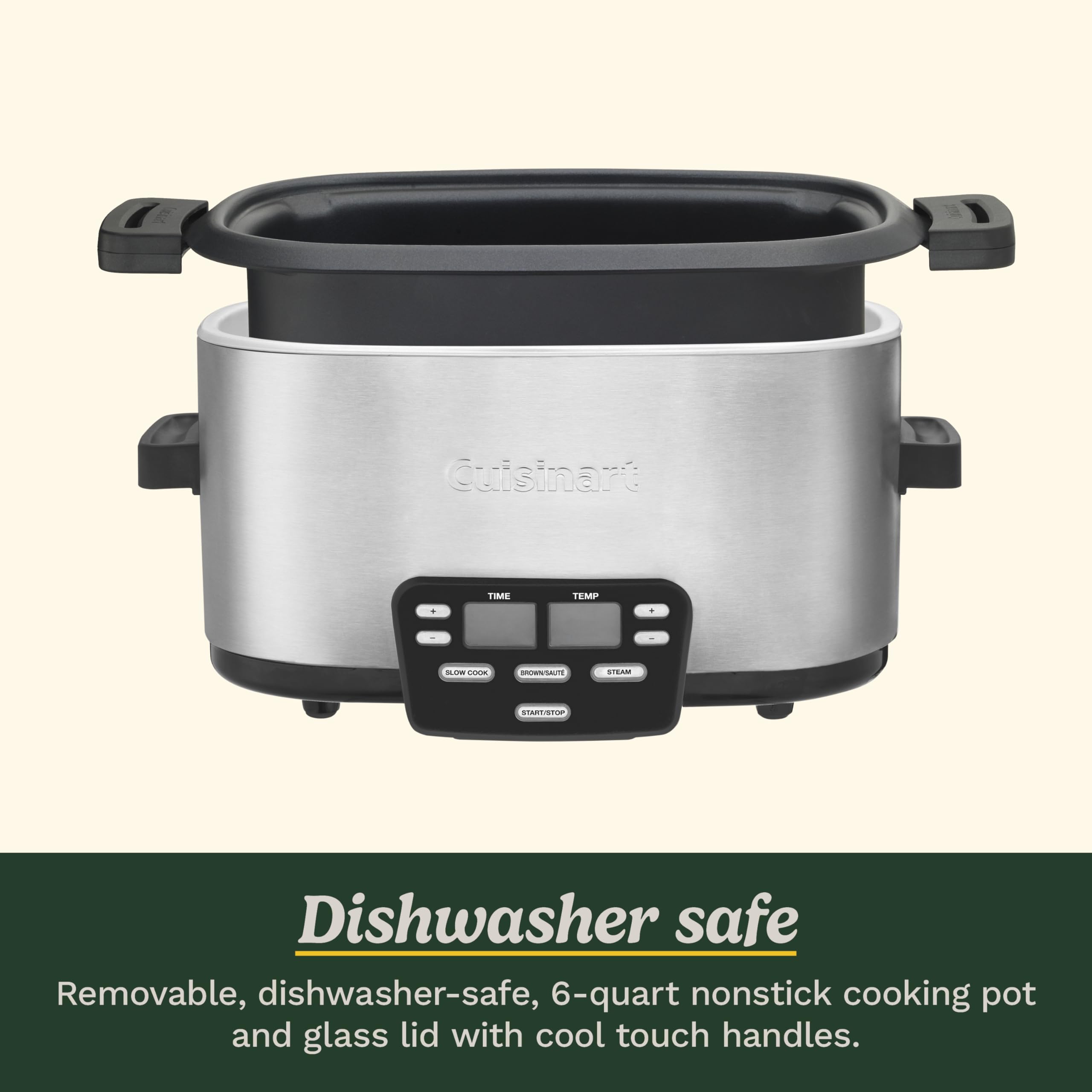 Cuisinart Cook Central facilita la limpieza: olla y rejilla aptas para lavavajillas.